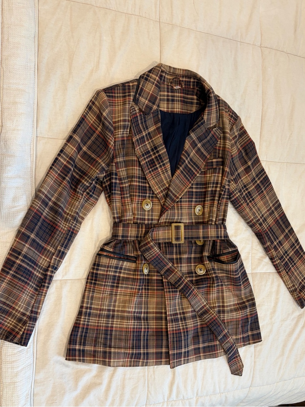 Free People Plaid Double-Breasted Belted Blazer - Brown Multi